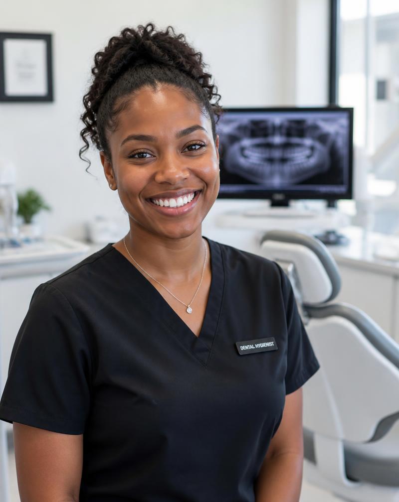 Smiling dental hygienist standing in a bright treatment room