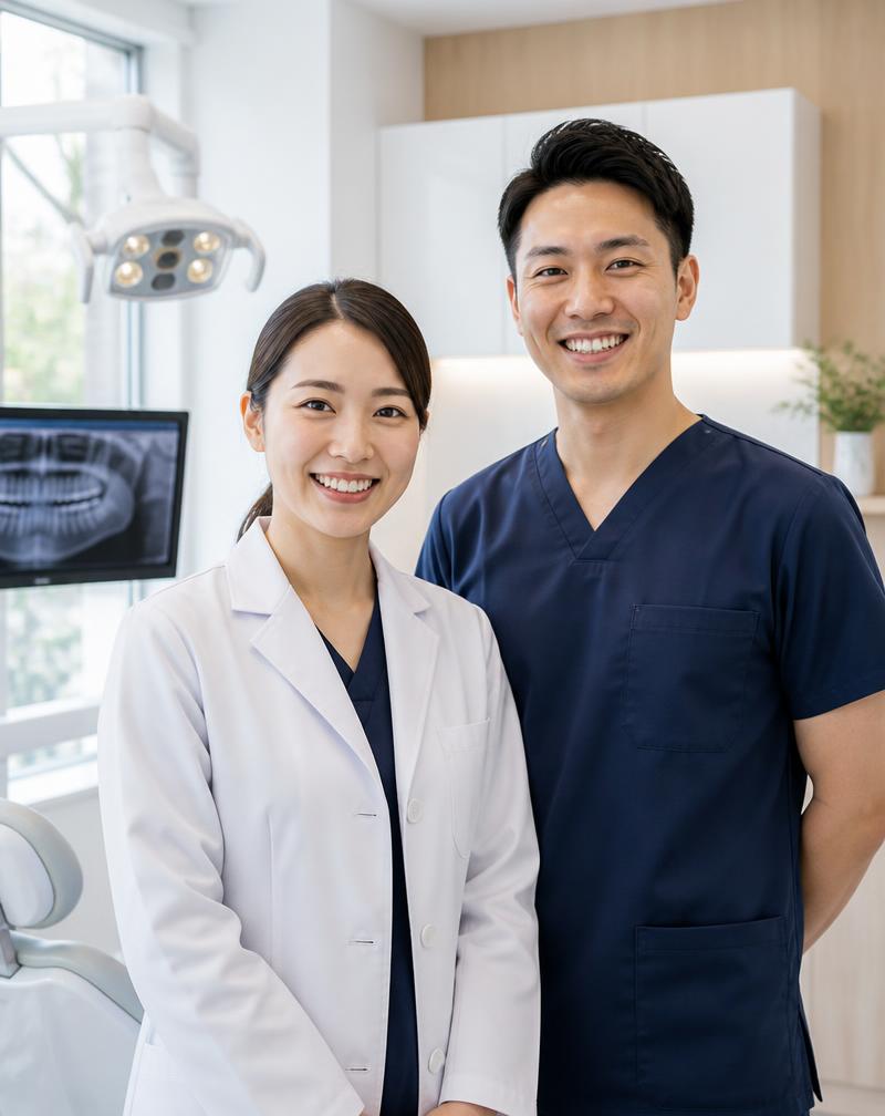 Dentist and dental assistant smiling together in a modern clinic