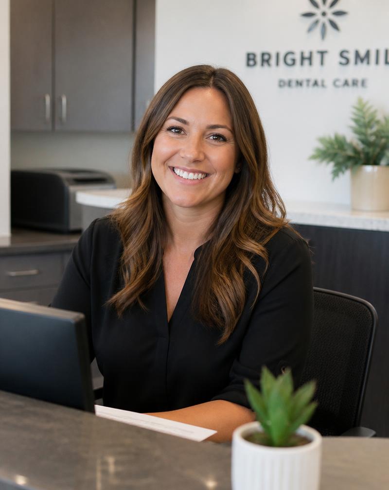 Friendly dental office manager smiling at the reception desk